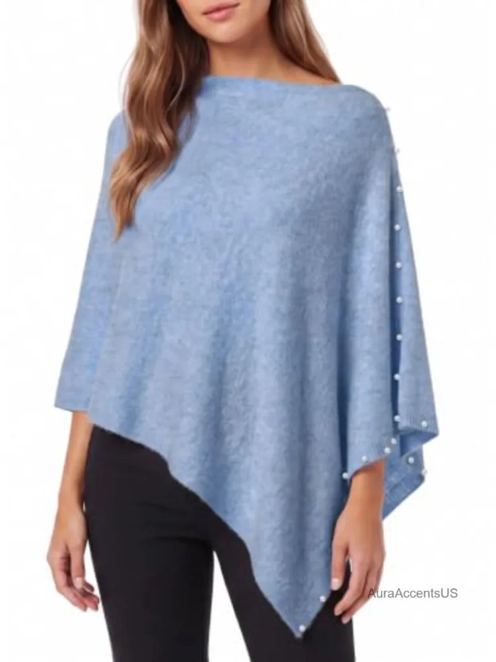Women's Knitted Poncho Shawl Sweater Pearl Trim Lightweight Cape